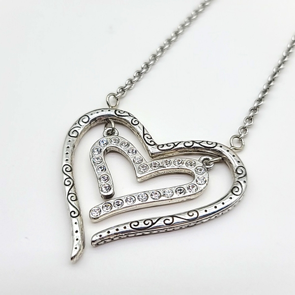 Brighton Jewelry - Brighton "LOVE STRUCK" Modern Openwork Double Heart Pendant w Inset Crystals 🤍